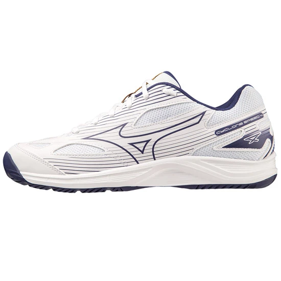 Mizuno Cyclone Speed 4 Court Shoes (White/Blue Ribbon/MP Gold) - Image 2